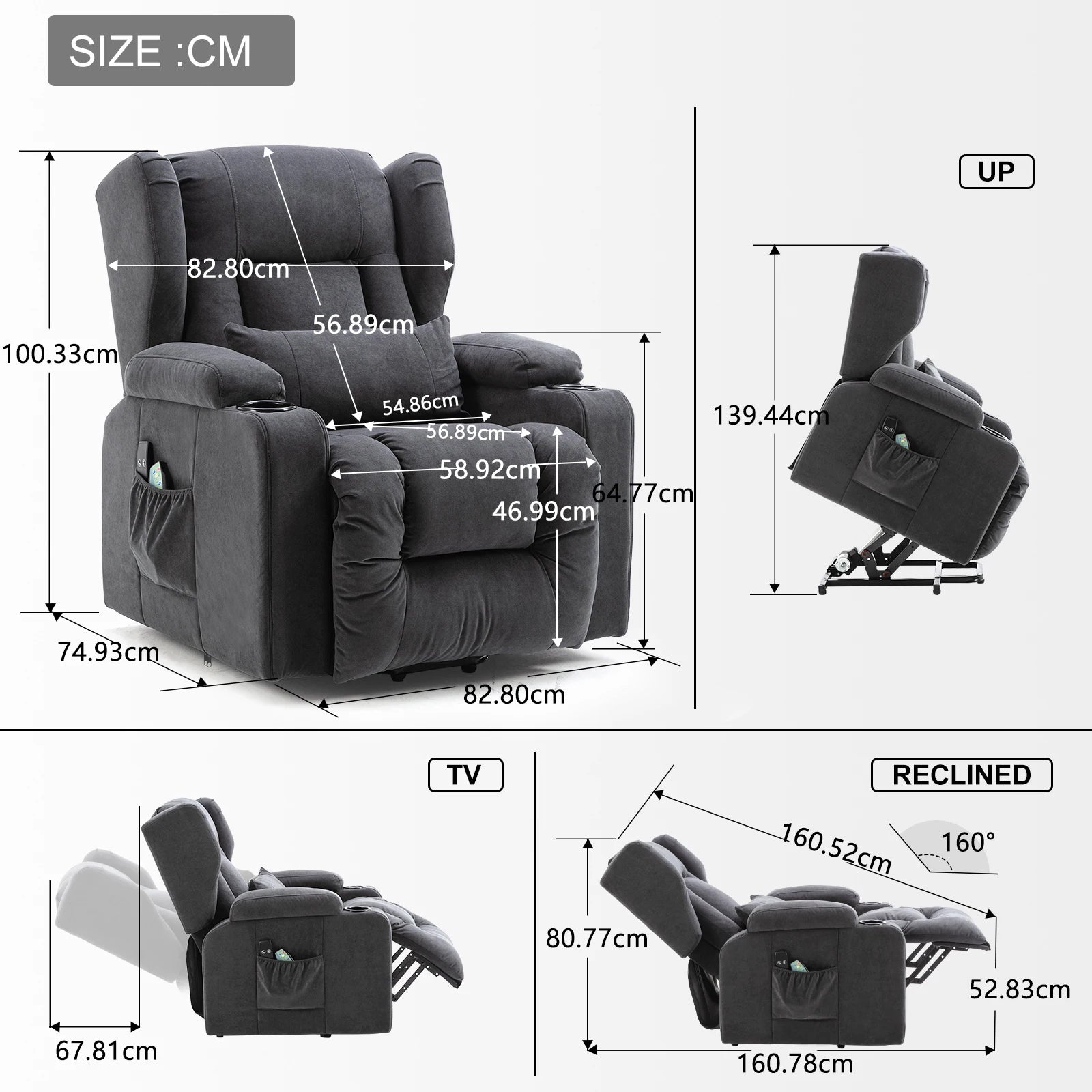 COMHOMA Relax armchair Stand Up Aid Massage armchair with fabric Surface Electric TV armchair with Stand-Up Aid reclining function