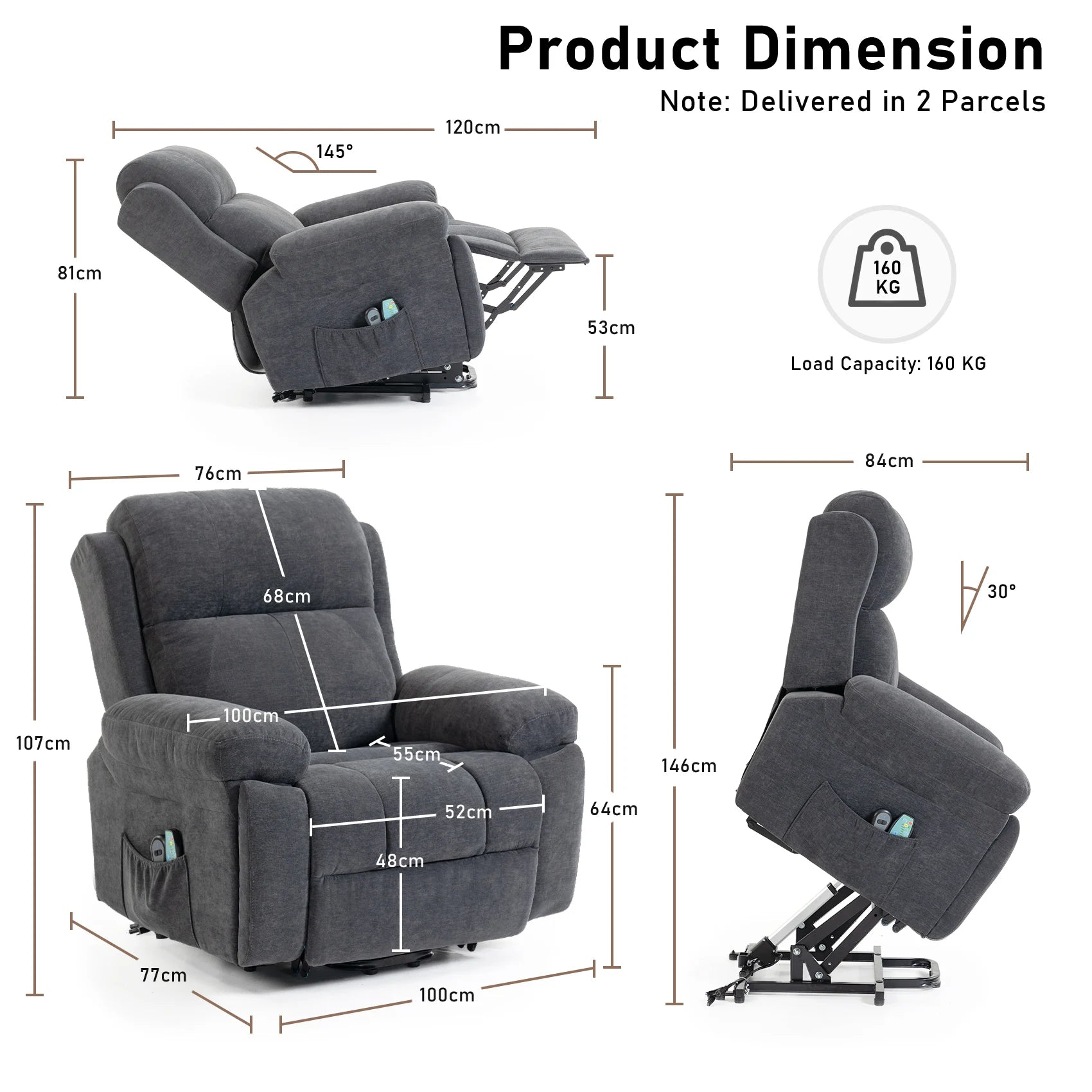 Electric Lift Recliner Chair, Designed for the Elderly, with Vibration Massage and Lumbar Heating Function, Electric Lift Single Sofa with Side Pockets and Two Hidden Cup Holders, Suitable for the Living Room