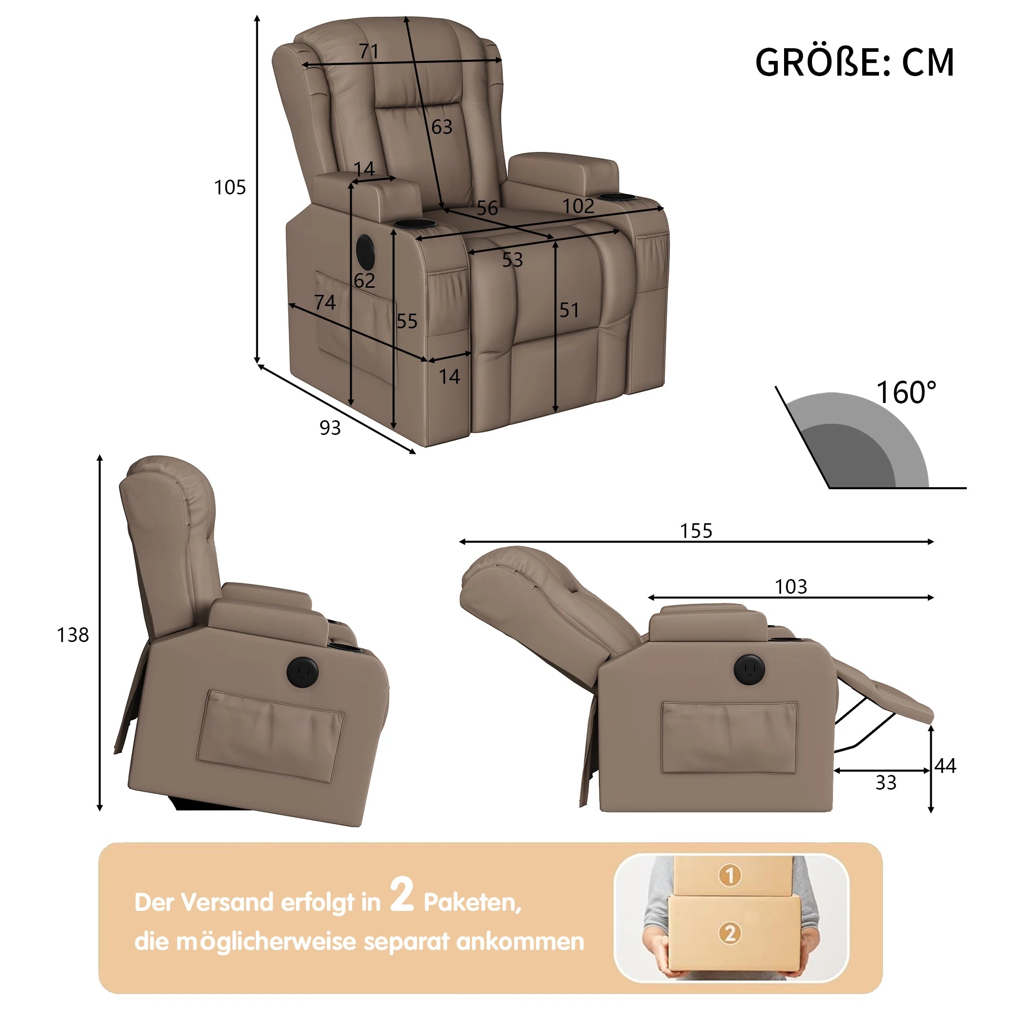 Electric Lift Chair, Massage and Heated Seat, with USB Charging Ports and Cup Holders, Storage Pockets and Wide Armrests