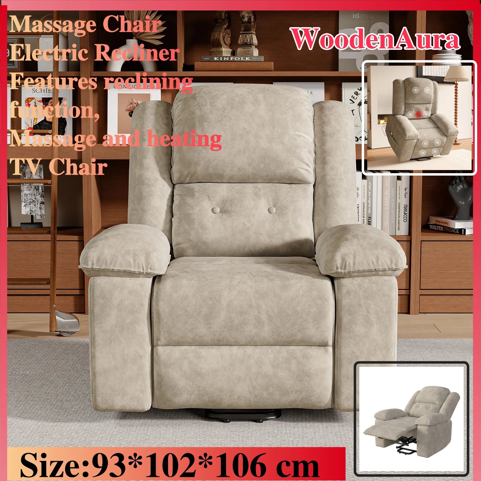 Electric Lift Massage Chair Adjustable from standing to reclining positions Features massage and heating functions Brown model