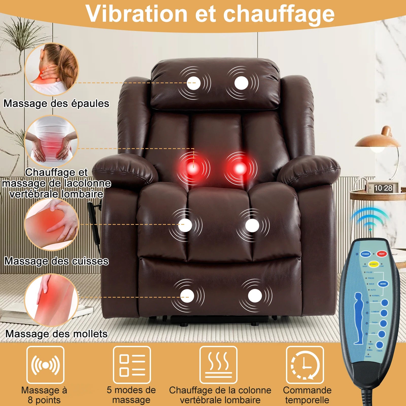 Navivi electric leather armchair with dual motors, heating and massage functions, lift-assist feature, and storage space