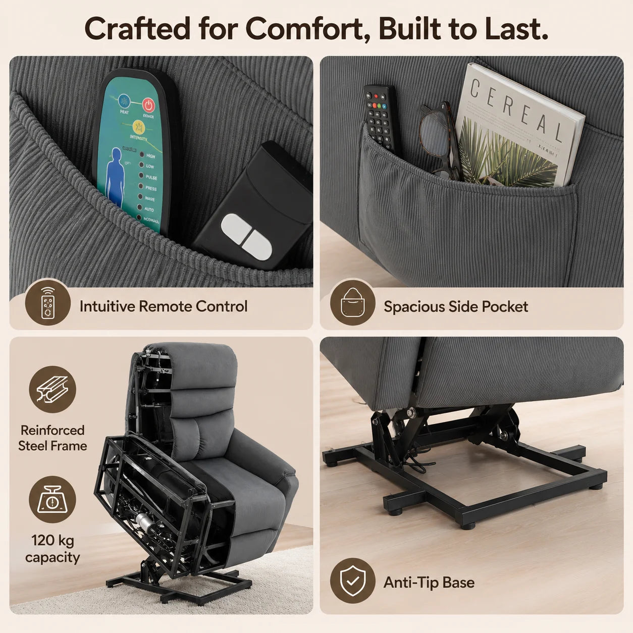 Electric TV Recliner Chair with Lift Assist, Massage Recliner with Heat and Vibration, Power Lift Chair with Remote Control and Side Pocket, Adjustable Polyester Fabric, Dark Grey