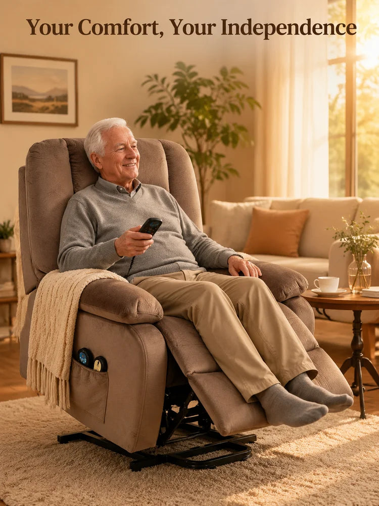 Electric Lift Chair Recliner with Massage and Heat, 90x93x110 cm, Brown, 135° Adjustable Backrest and Footrest, Remote Control, 8 Massage Points, Lumbar Heating, for Elderly and Living Room Relaxation