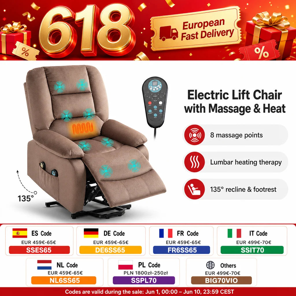 Electric Lift Chair Recliner with Massage and Heat, 90x93x110 cm, Brown, 135° Adjustable Backrest and Footrest, Remote Control, 8 Massage Points, Lumbar Heating, for Elderly and Living Room Relaxation