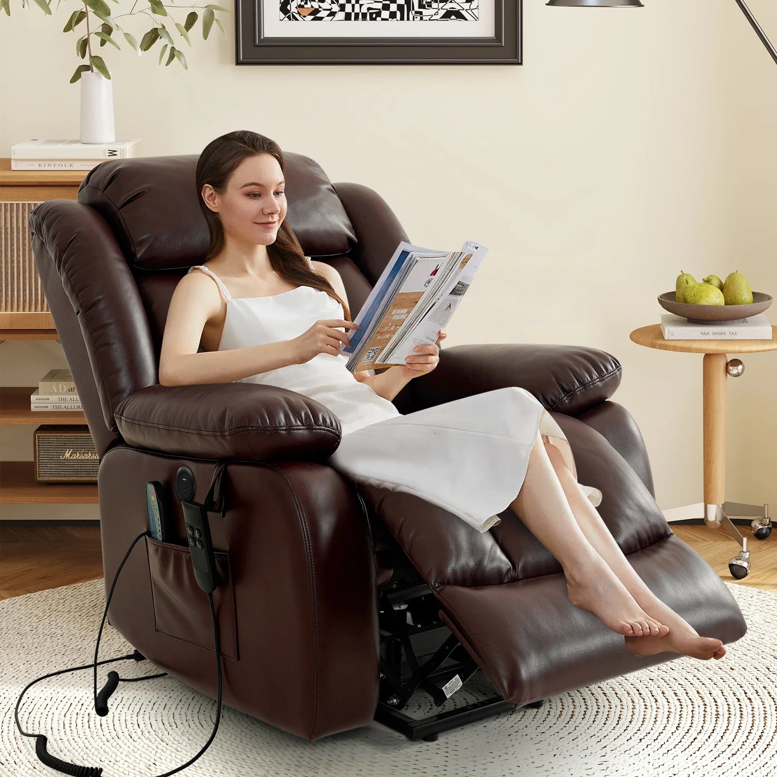 Navivi electric leather armchair with dual motors, heating and massage functions, lift-assist feature, and storage space