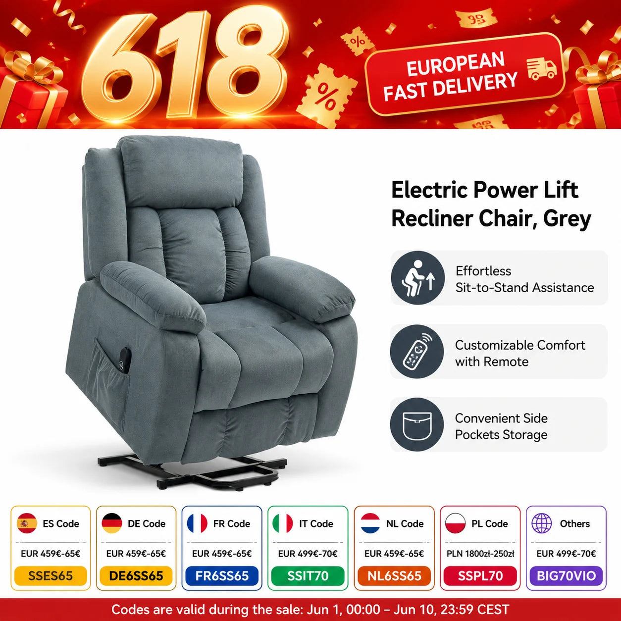 Electric Power Lift Recliner Chair with Soft Fabric Upholstery, Remote Control and Side Pockets, 150° Adjustable Backrest and Footrest, for Living Room, Elderly and Mobility Aid, Grey