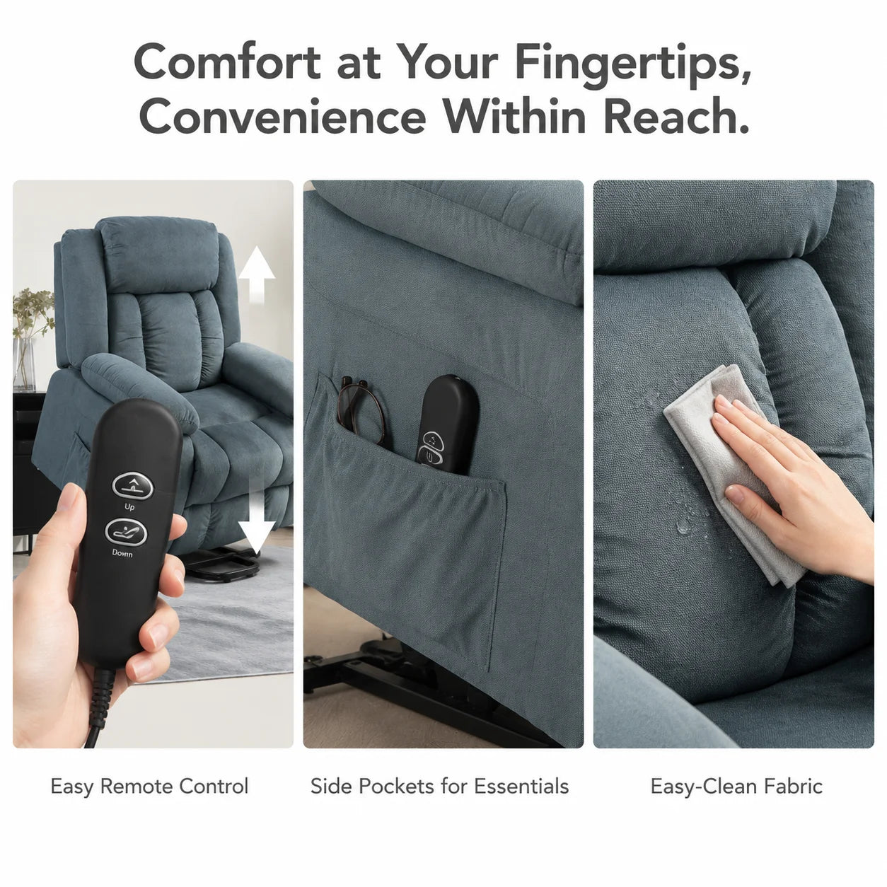 Electric Power Lift Recliner Chair with Soft Fabric Upholstery, Remote Control and Side Pockets, 150° Adjustable Backrest and Footrest, for Living Room, Elderly and Mobility Aid, Grey