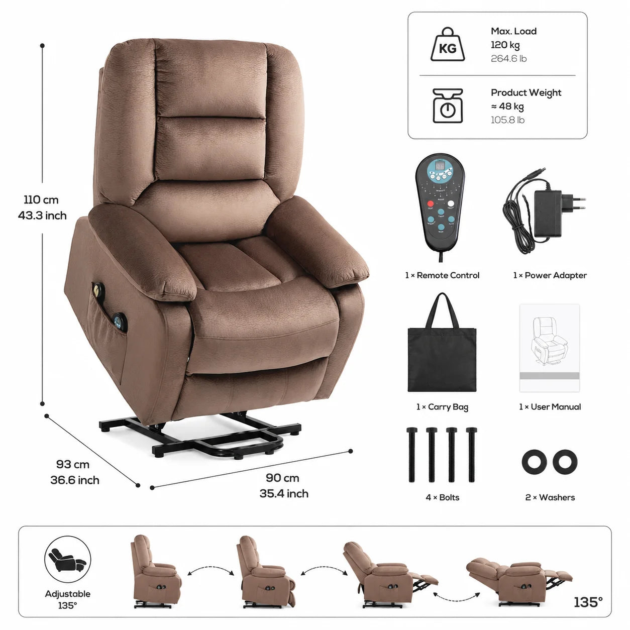 Electric Lift Chair Recliner with Massage and Heat, 90x93x110 cm, Brown, 135° Adjustable Backrest and Footrest, Remote Control, 8 Massage Points, Lumbar Heating, for Elderly and Living Room Relaxation