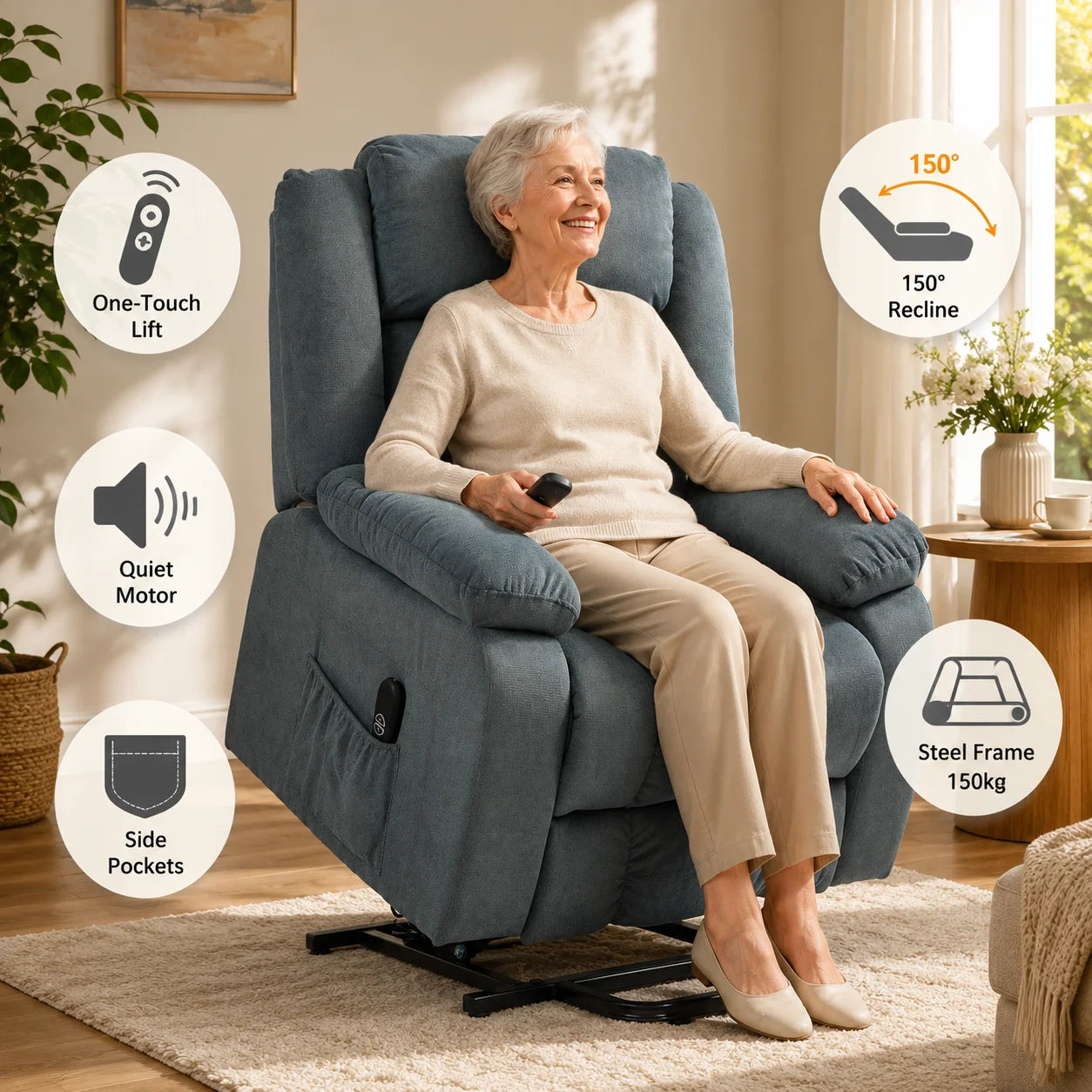 Electric Power Lift Recliner Chair with Soft Fabric Upholstery, Remote Control and Side Pockets, 150° Adjustable Backrest and Footrest, for Living Room, Elderly and Mobility Aid, Grey
