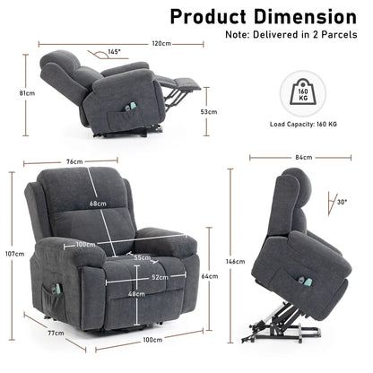 Electric Lift Recliner Chair, Designed for the Elderly, with Vibration Massage and Lumbar Heating Function, Electric Lift Single Sofa with Side Pockets and Two Hidden Cup Holders, Suitable for the Living Room