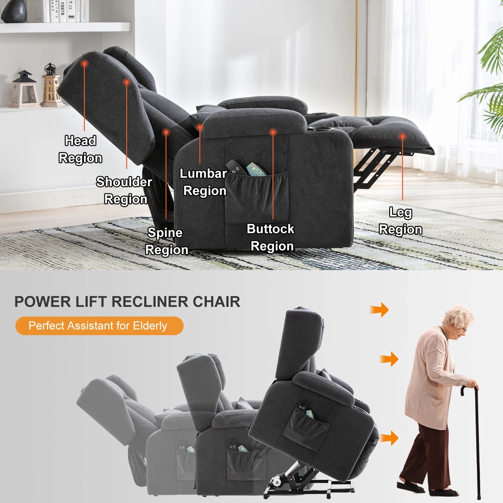 COMHOMA Relax armchair Stand Up Aid Massage armchair with fabric Surface Electric TV armchair with Stand-Up Aid reclining function