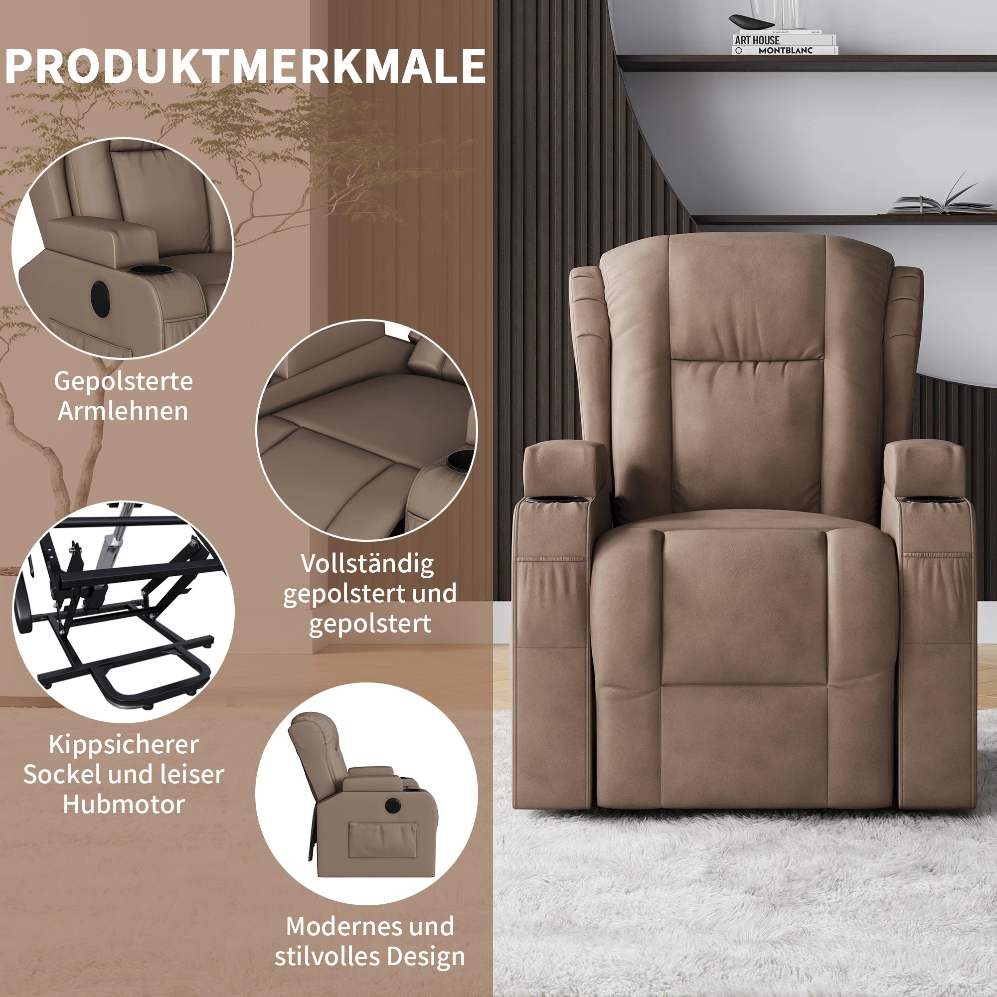 Electric Lift Chair, Massage and Heated Seat, with USB Charging Ports and Cup Holders, Storage Pockets and Wide Armrests