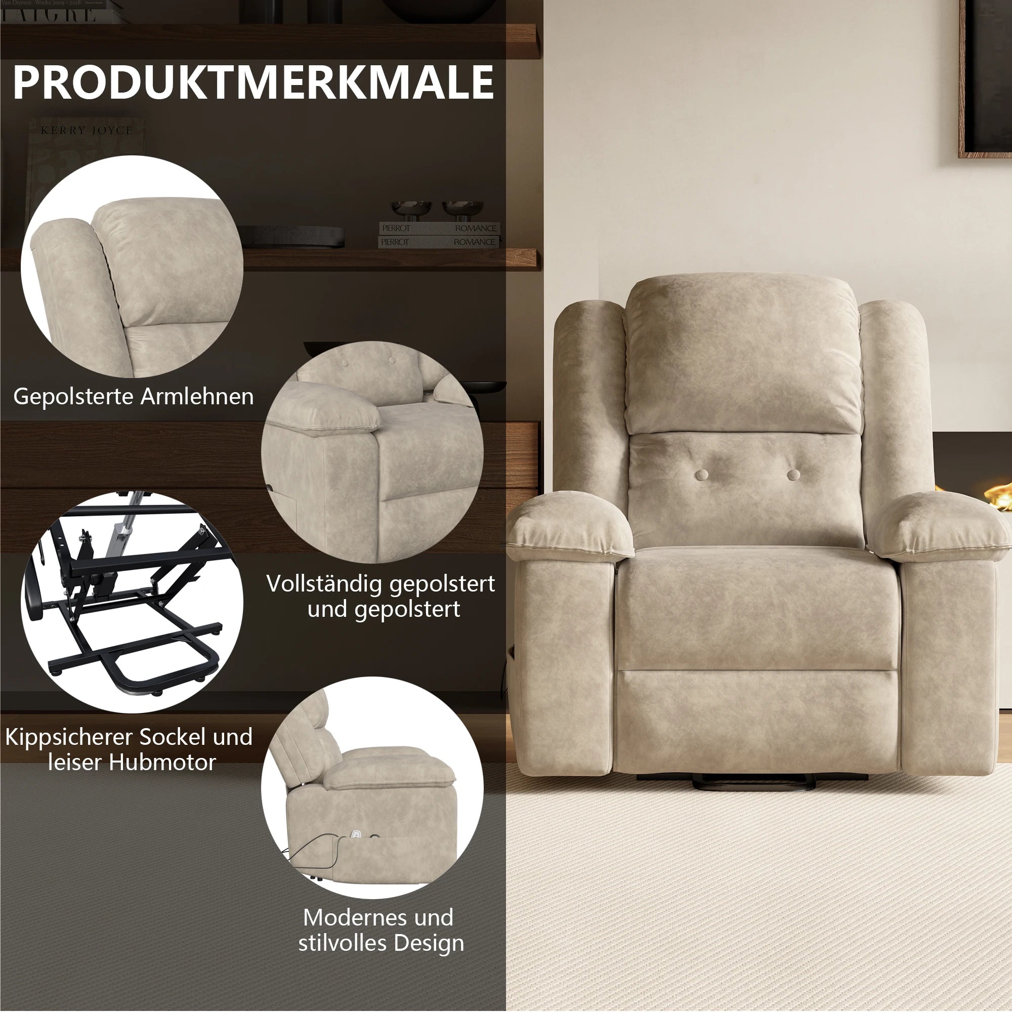 Electric Lift Massage Chair Adjustable from standing to reclining positions Features massage and heating functions Brown model