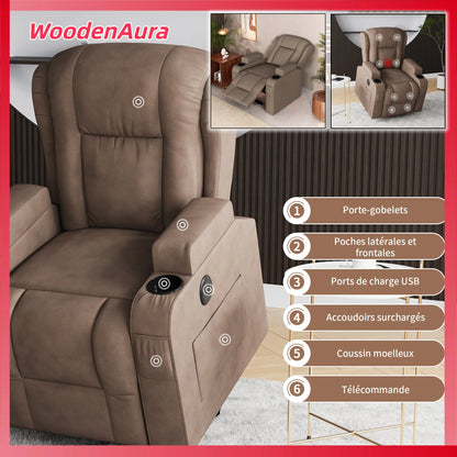 Electric Lift Chair, Massage and Heated Seat, with USB Charging Ports and Cup Holders, Storage Pockets and Wide Armrests