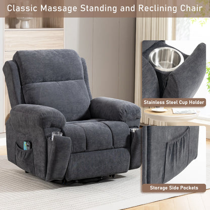 Electric Lift Recliner Chair, Designed for the Elderly, with Vibration Massage and Lumbar Heating Function, Electric Lift Single Sofa with Side Pockets and Two Hidden Cup Holders, Suitable for the Living Room