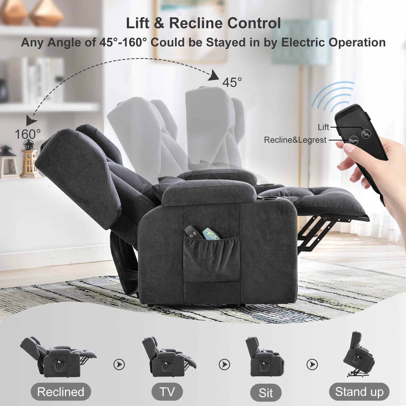 COMHOMA Relax armchair Stand Up Aid Massage armchair with fabric Surface Electric TV armchair with Stand-Up Aid reclining function