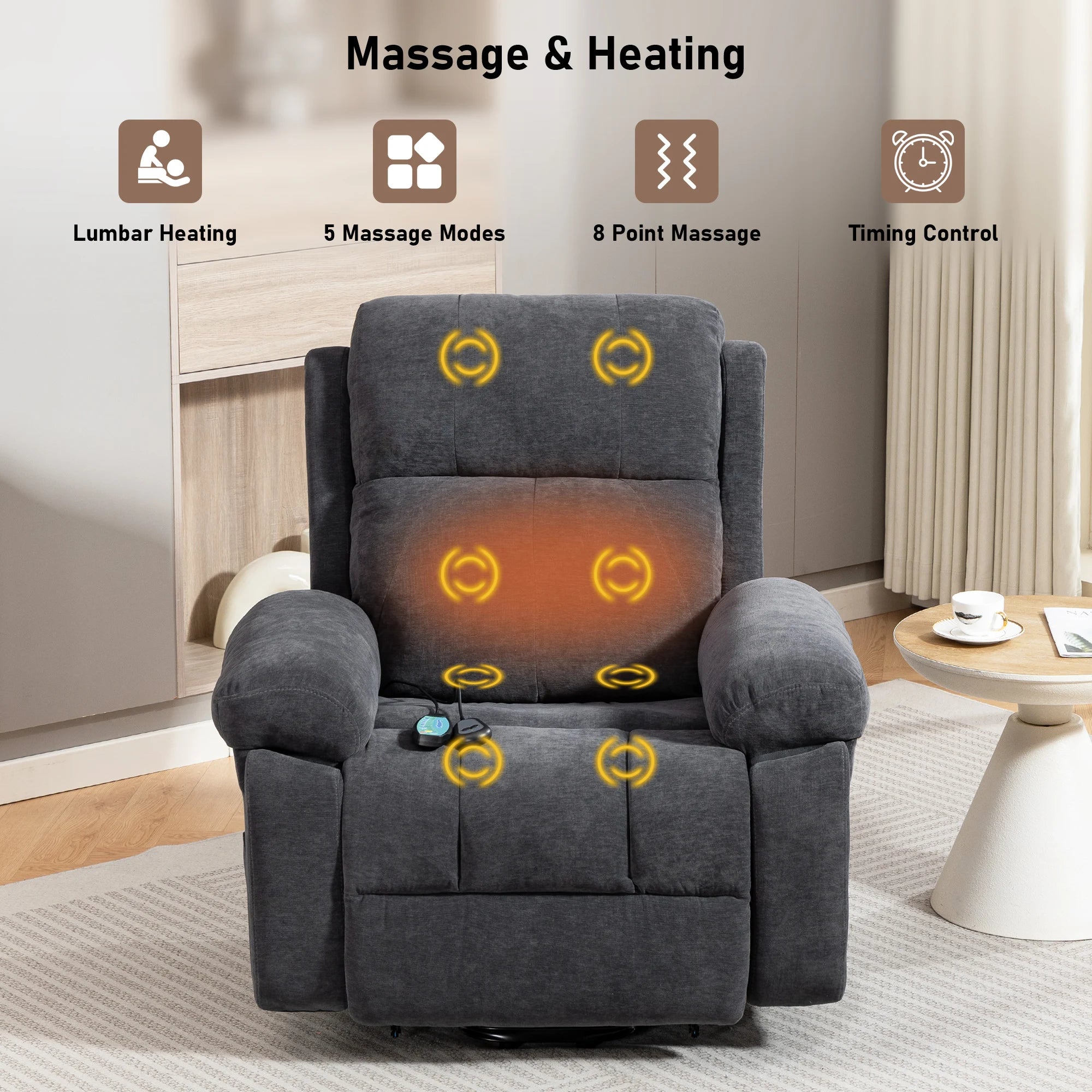 Electric Lift Recliner Chair, Designed for the Elderly, with Vibration Massage and Lumbar Heating Function, Electric Lift Single Sofa with Side Pockets and Two Hidden Cup Holders, Suitable for the Living Room