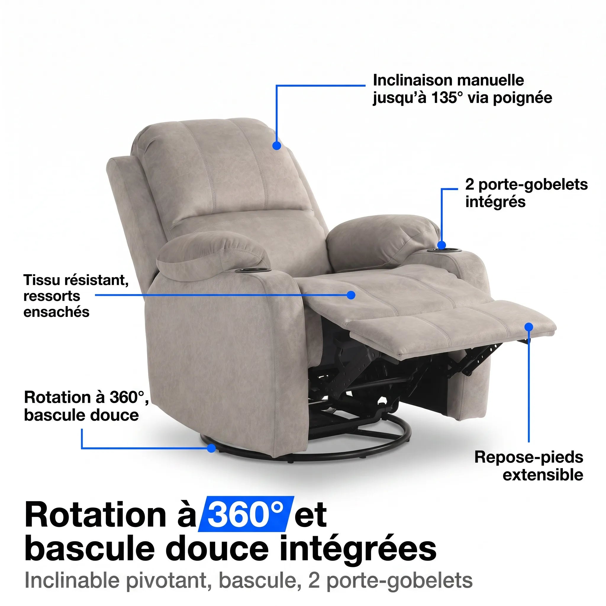 Fauteuil Inclinable Pivotant et Bascule – Velvo
