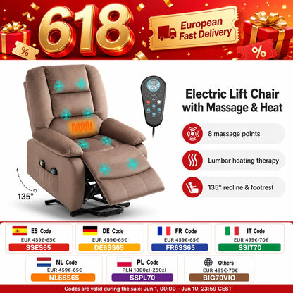 Electric Lift Chair Recliner with Massage and Heat, 90x93x110 cm, Brown, 135° Adjustable Backrest and Footrest, Remote Control, 8 Massage Points, Lumbar Heating, for Elderly and Living Room Relaxation