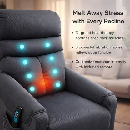 Electric TV Recliner Chair with Lift Assist, Massage Recliner with Heat and Vibration, Power Lift Chair with Remote Control and Side Pocket, Adjustable Polyester Fabric, Dark Grey