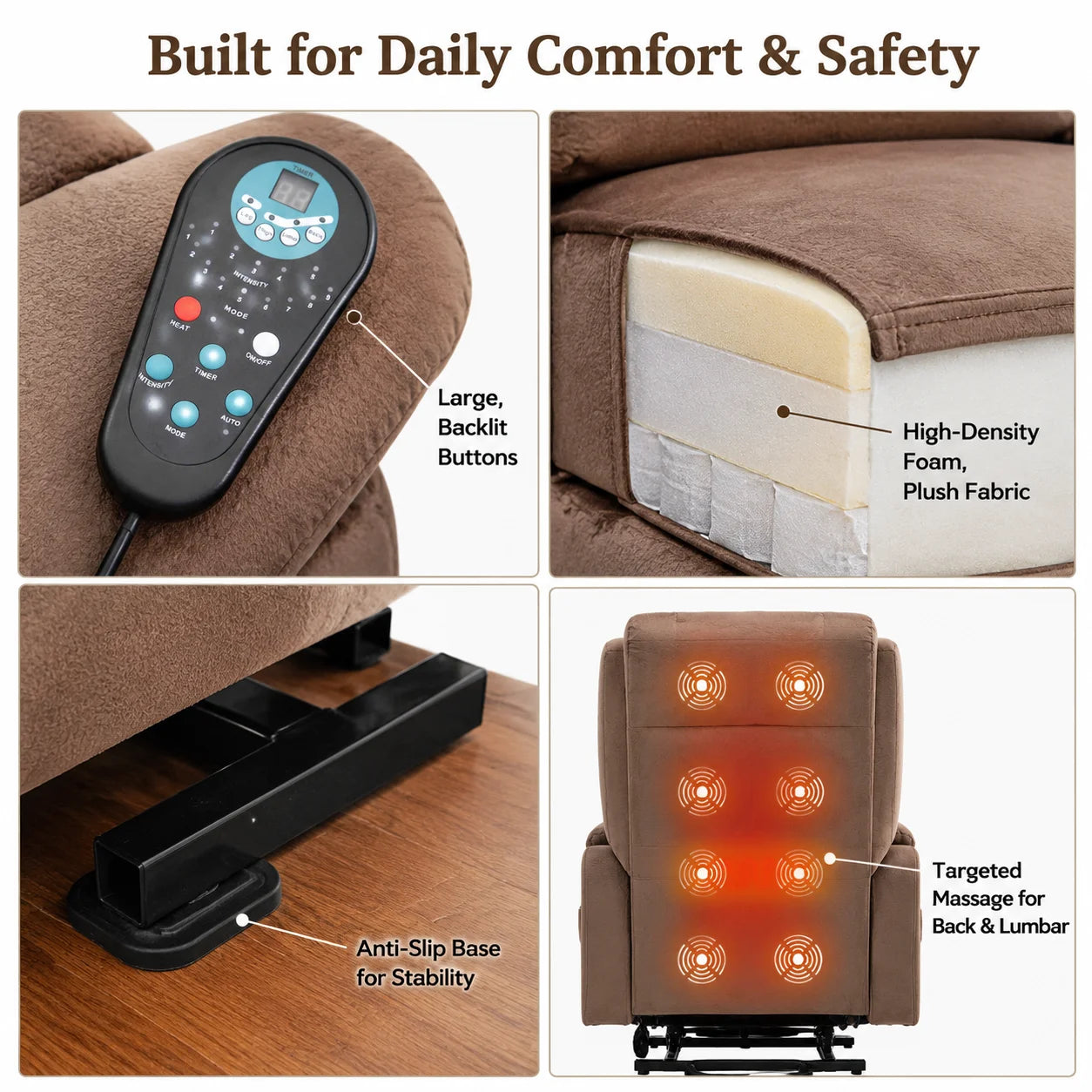 Electric Lift Chair Recliner with Massage and Heat, 90x93x110 cm, Brown, 135° Adjustable Backrest and Footrest, Remote Control, 8 Massage Points, Lumbar Heating, for Elderly and Living Room Relaxation