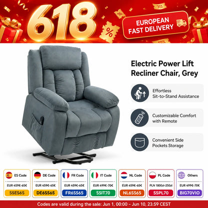 Electric Power Lift Recliner Chair with Soft Fabric Upholstery, Remote Control and Side Pockets, 150° Adjustable Backrest and Footrest, for Living Room, Elderly and Mobility Aid, Grey