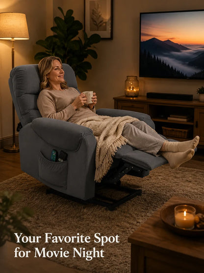 Electric TV Recliner Chair with Lift Assist, Massage Recliner with Heat and Vibration, Power Lift Chair with Remote Control and Side Pocket, Adjustable Polyester Fabric, Dark Grey