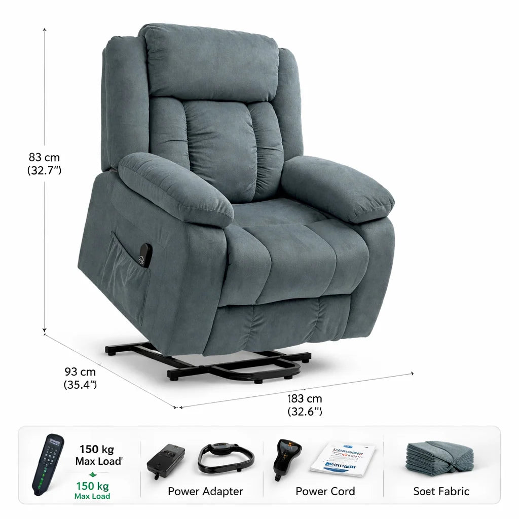 Electric Power Lift Recliner Chair with Soft Fabric Upholstery, Remote Control and Side Pockets, 150° Adjustable Backrest and Footrest, for Living Room, Elderly and Mobility Aid, Grey