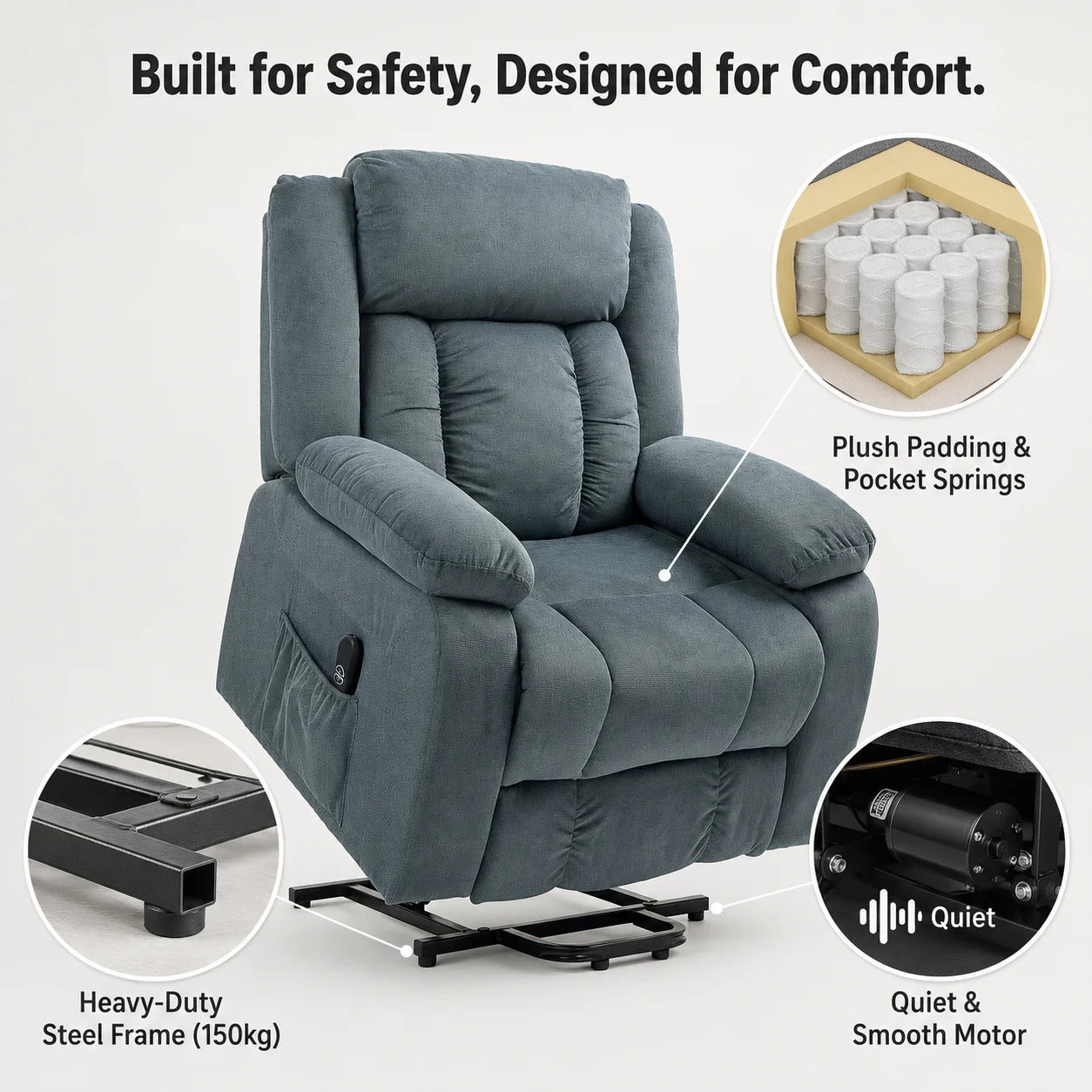 Electric Power Lift Recliner Chair with Soft Fabric Upholstery, Remote Control and Side Pockets, 150° Adjustable Backrest and Footrest, for Living Room, Elderly and Mobility Aid, Grey