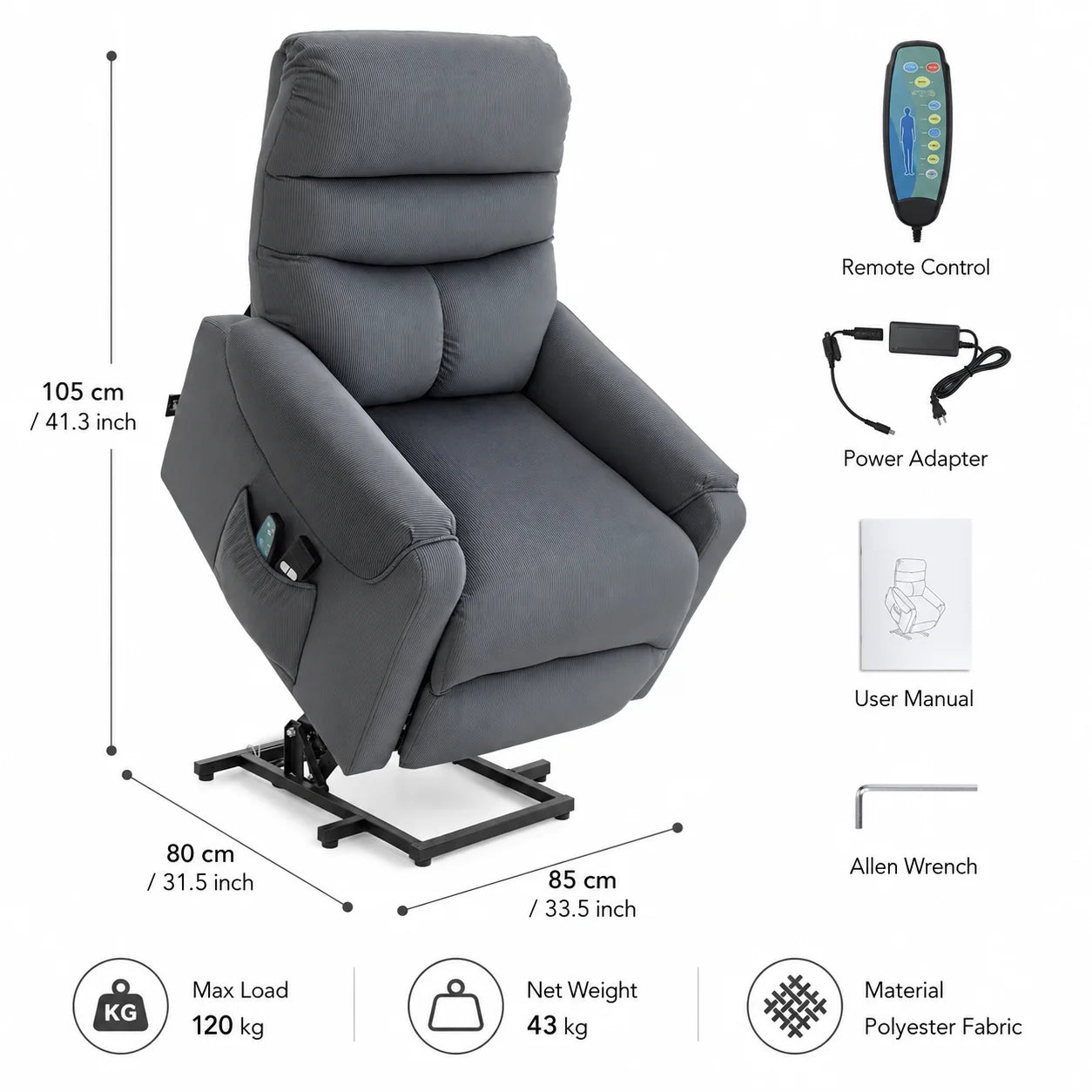 Electric TV Recliner Chair with Lift Assist, Massage Recliner with Heat and Vibration, Power Lift Chair with Remote Control and Side Pocket, Adjustable Polyester Fabric, Dark Grey