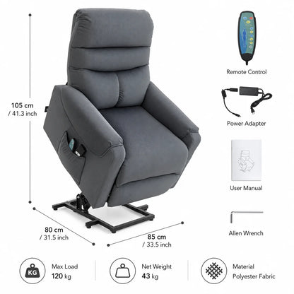 Electric TV Recliner Chair with Lift Assist, Massage Recliner with Heat and Vibration, Power Lift Chair with Remote Control and Side Pocket, Adjustable Polyester Fabric, Dark Grey