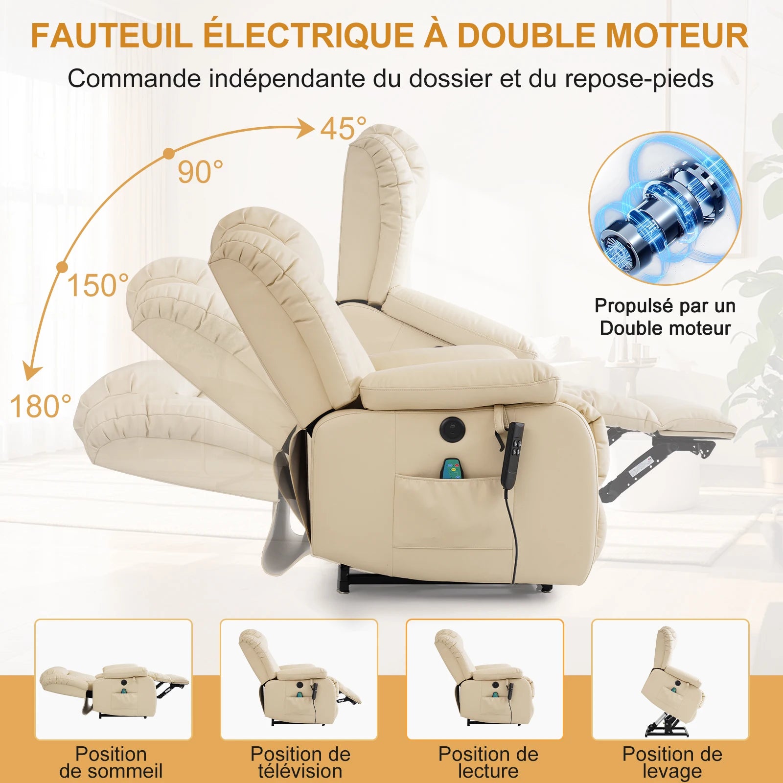Navivi electric leather armchair with dual motors, heating and massage functions, lift-assist feature, and storage space