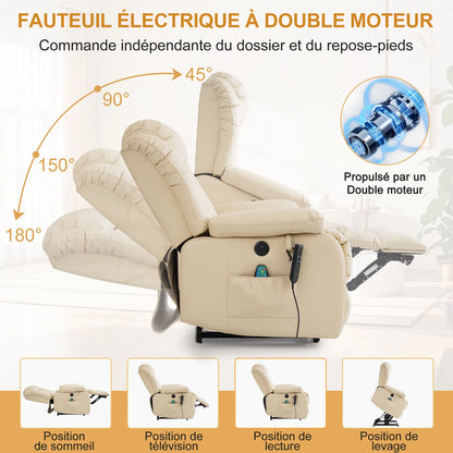 Navivi electric leather armchair with dual motors, heating and massage functions, lift-assist feature, and storage space