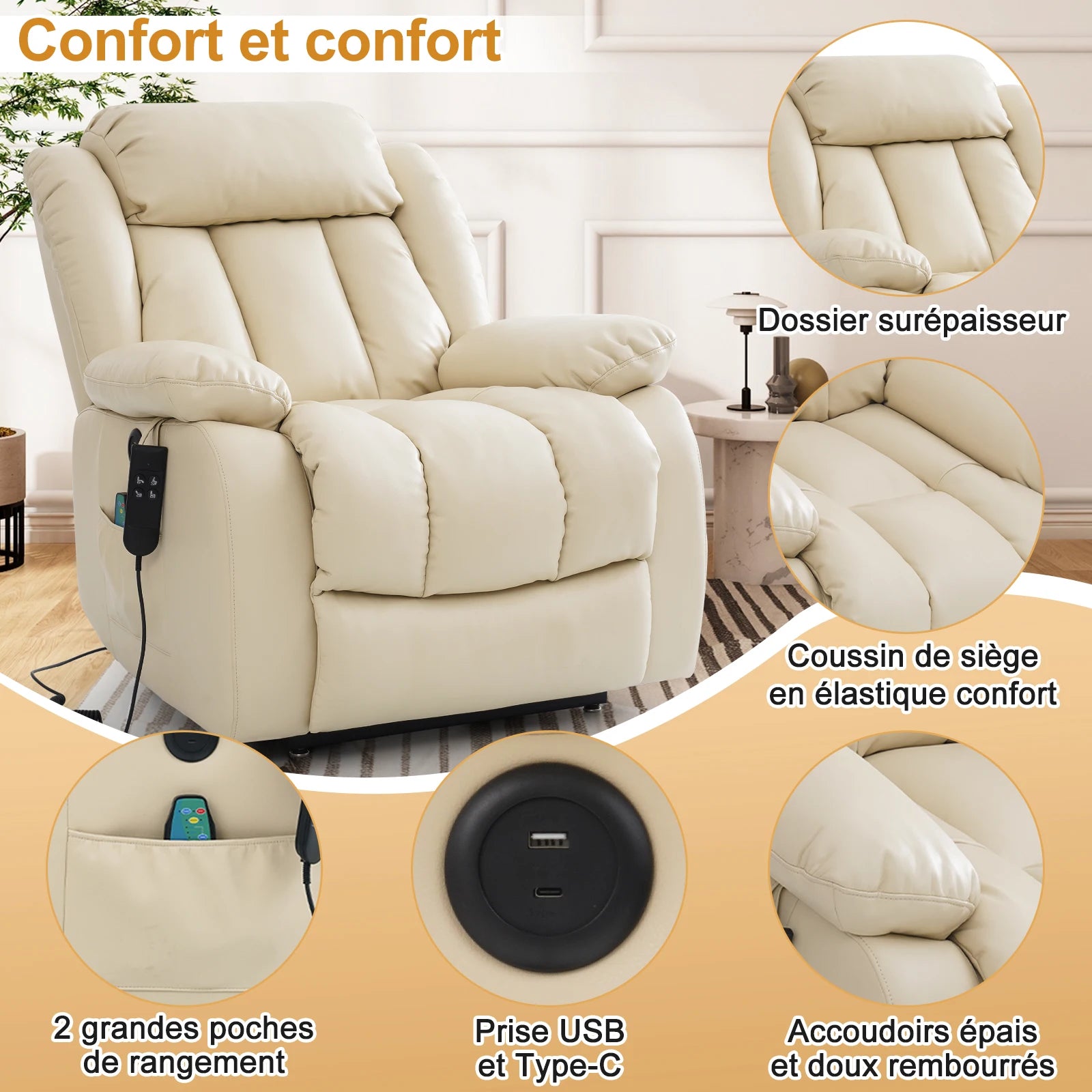 Navivi electric leather armchair with dual motors, heating and massage functions, lift-assist feature, and storage space