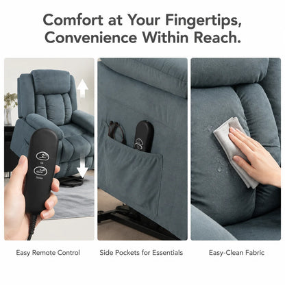 Electric Power Lift Recliner Chair with Soft Fabric Upholstery, Remote Control and Side Pockets, 150° Adjustable Backrest and Footrest, for Living Room, Elderly and Mobility Aid, Grey