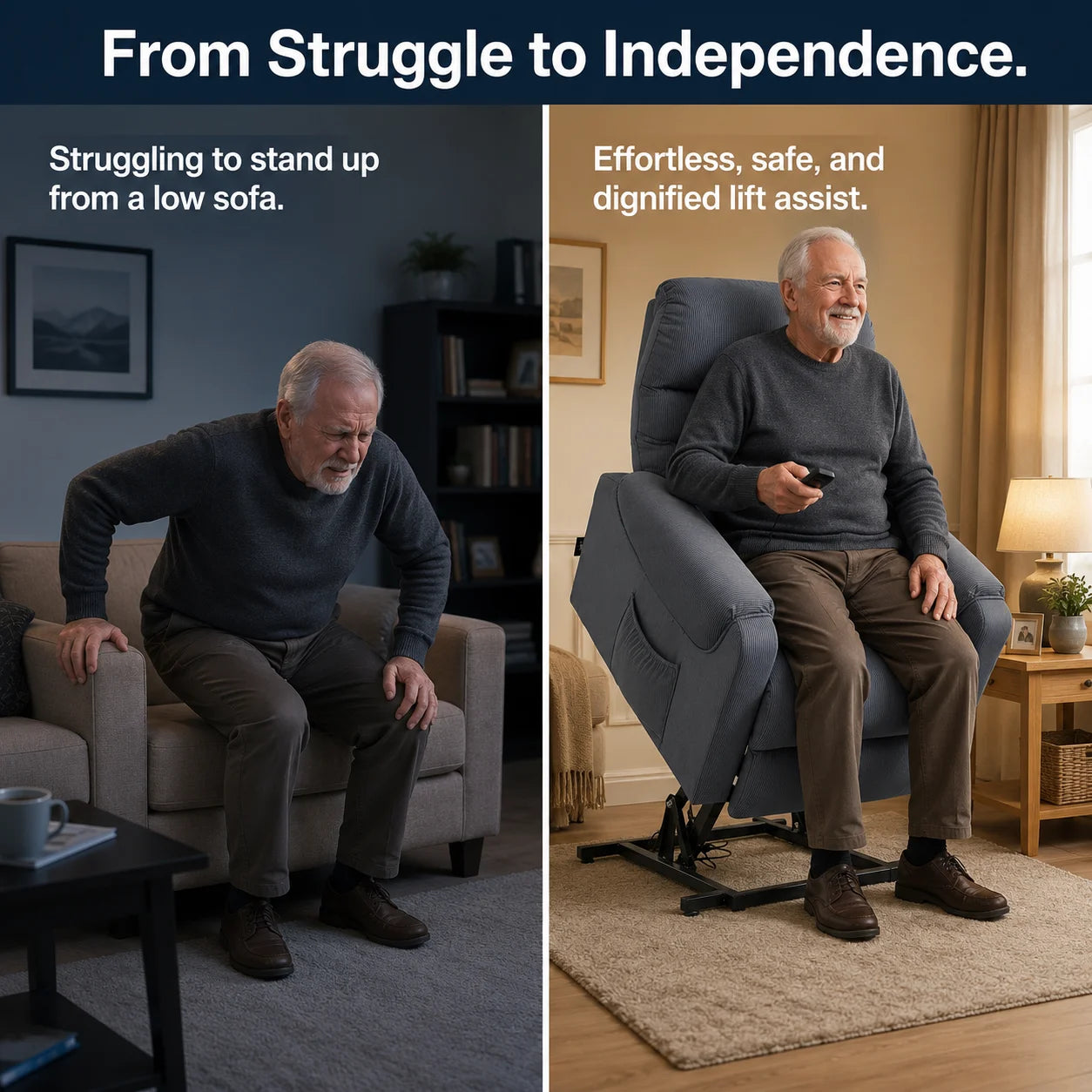 Electric TV Recliner Chair with Lift Assist, Massage Recliner with Heat and Vibration, Power Lift Chair with Remote Control and Side Pocket, Adjustable Polyester Fabric, Dark Grey