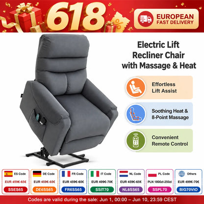Electric TV Recliner Chair with Lift Assist, Massage Recliner with Heat and Vibration, Power Lift Chair with Remote Control and Side Pocket, Adjustable Polyester Fabric, Dark Grey