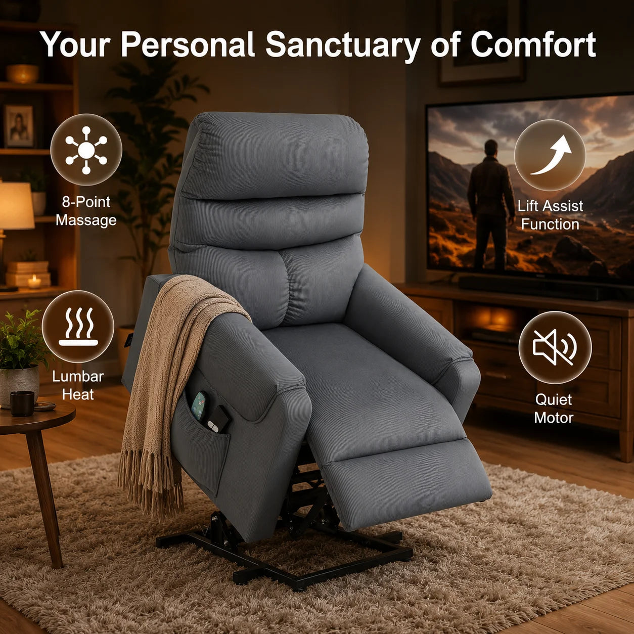 Electric TV Recliner Chair with Lift Assist, Massage Recliner with Heat and Vibration, Power Lift Chair with Remote Control and Side Pocket, Adjustable Polyester Fabric, Dark Grey