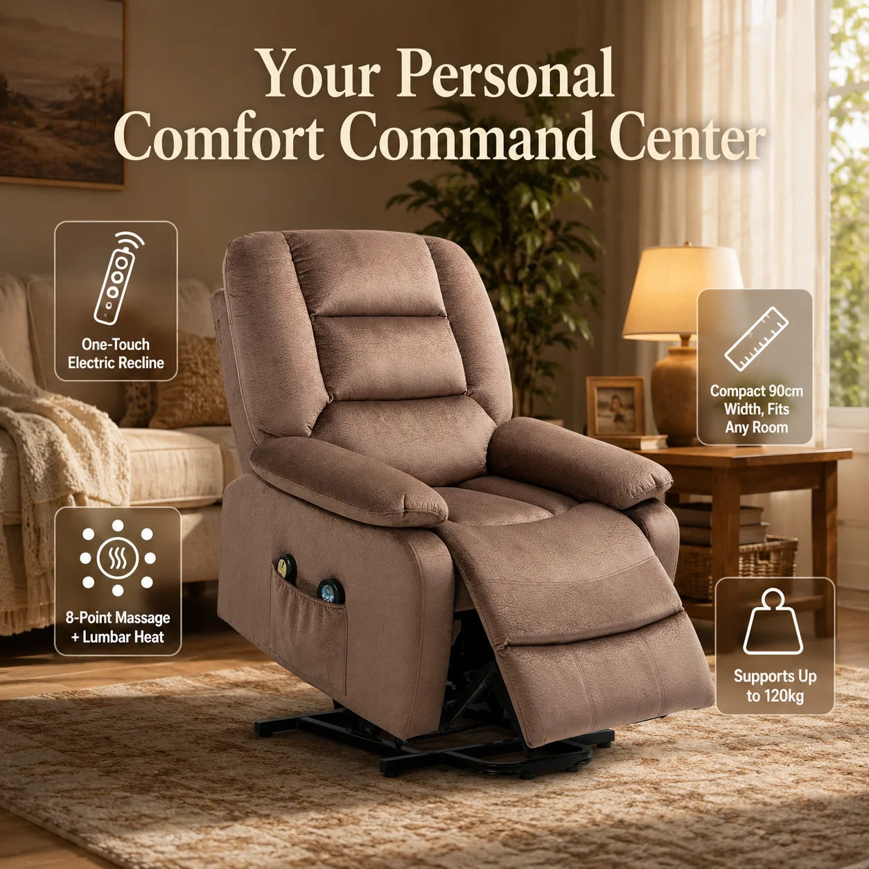 Electric Lift Chair Recliner with Massage and Heat, 90x93x110 cm, Brown, 135° Adjustable Backrest and Footrest, Remote Control, 8 Massage Points, Lumbar Heating, for Elderly and Living Room Relaxation