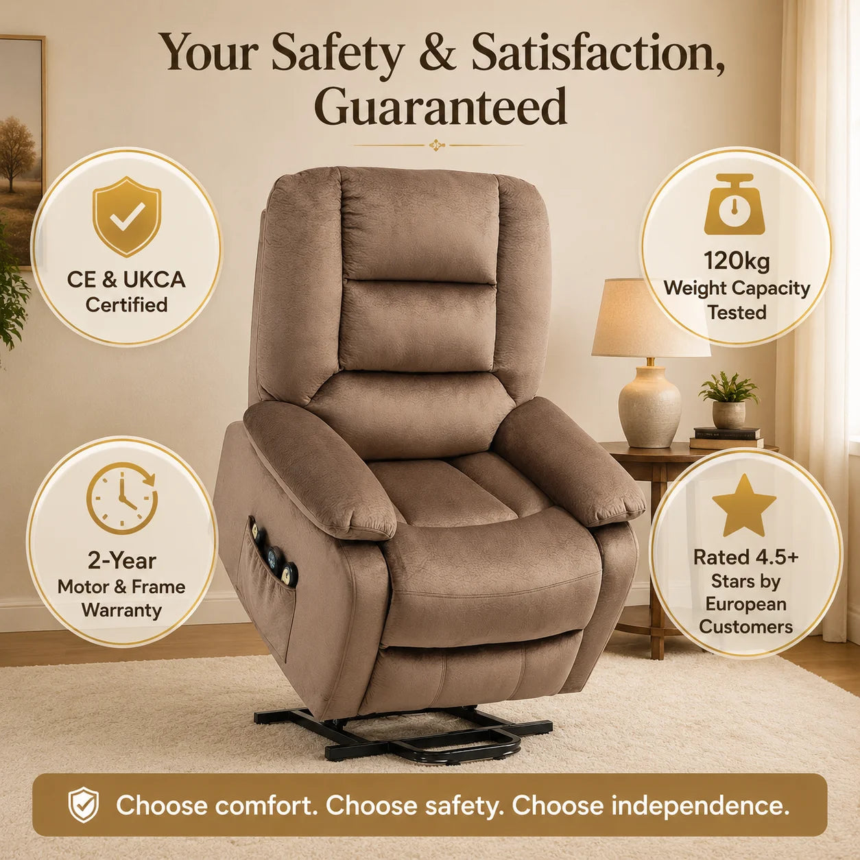 Electric Lift Chair Recliner with Massage and Heat, 90x93x110 cm, Brown, 135° Adjustable Backrest and Footrest, Remote Control, 8 Massage Points, Lumbar Heating, for Elderly and Living Room Relaxation