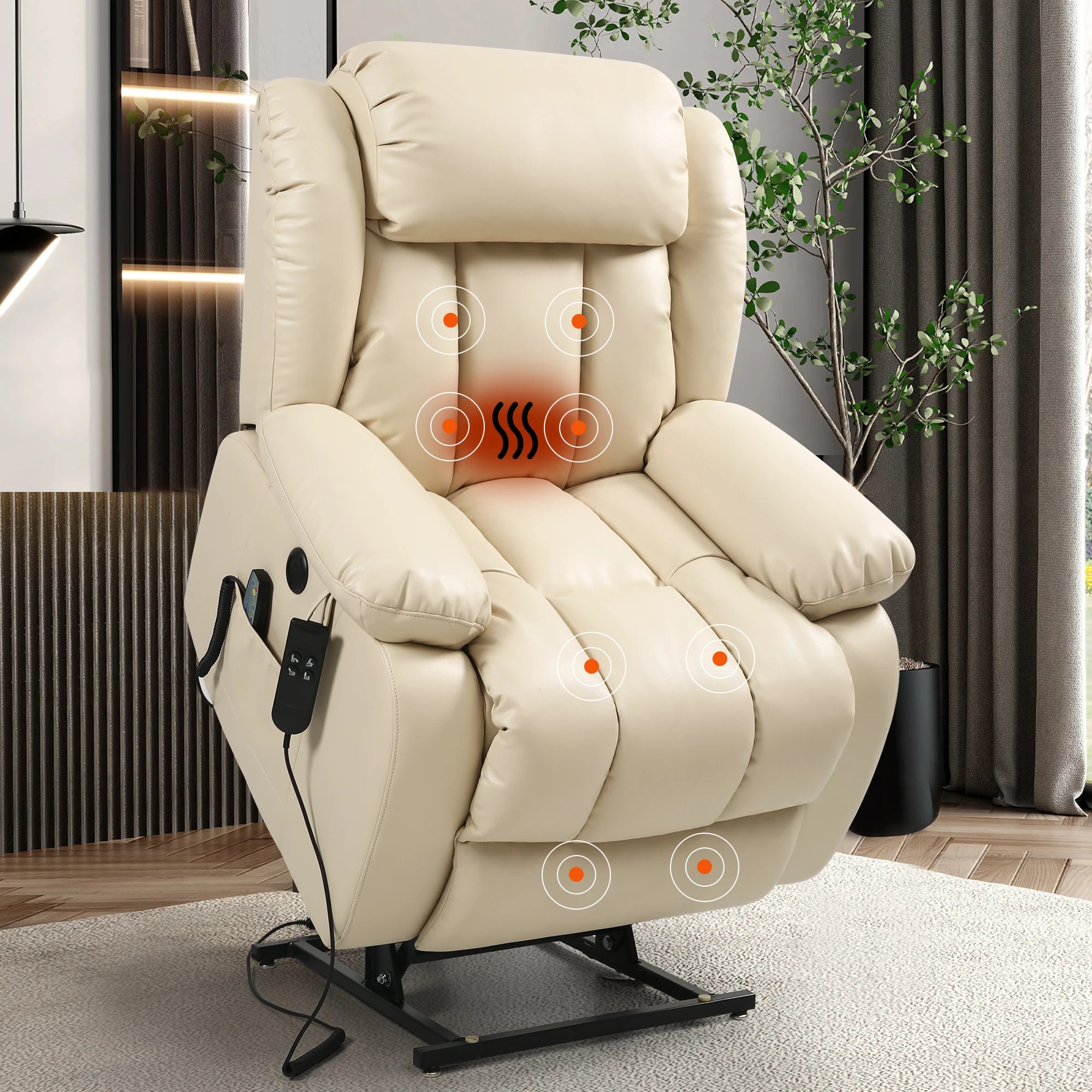 Navivi electric leather armchair with dual motors, heating and massage functions, lift-assist feature, and storage space