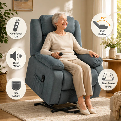 Electric Power Lift Recliner Chair with Soft Fabric Upholstery, Remote Control and Side Pockets, 150° Adjustable Backrest and Footrest, for Living Room, Elderly and Mobility Aid, Grey
