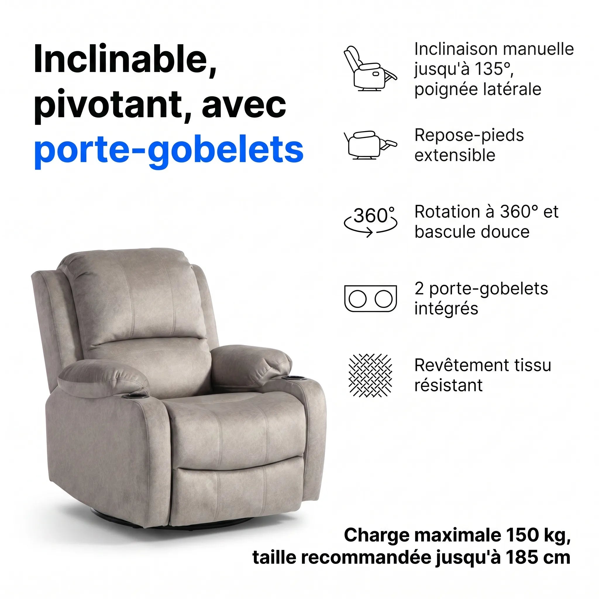Fauteuil Inclinable Pivotant et Bascule – Velvo